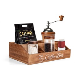 Rustic Coffee Station Organizer Brown Wooden Coffee Bar Accessories Box for Counter Farmhouse Tea Condiment Holder Storage Basket for Coffee Pod, Syrup, Bag, Cup, Stirrer Coffee Bar Kitchen Decor