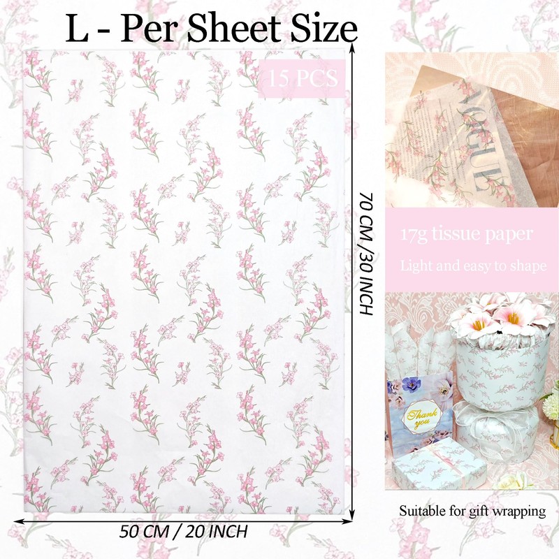 Floral Tissue Paper, White with Pink Gladiolus Flowers Pattern- 15