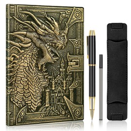 LongLongJin DND Dungeon and Dragon Notebook 3D Embossed Leather Dragon Journal with Black Ballpoint Pen &Pen Sleeve,A5 Vintage Travel Diary D&D Writing Notebook for Hardcover Journal Women&Men (Bronze)