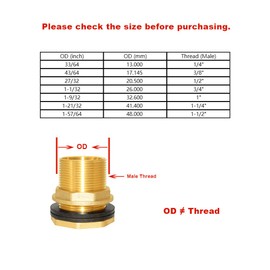 Hooshing Brass Bulkhead Fitting 1/2" Female 3/4" Male Thread Water Tank Connector for Rain Barrels, Aquariums, Tubs, Pools