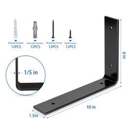 10 x 6" Black Shelf Brackets 6PCS, Steel L Brackets Heavy Duty, Garage, Kitchen, Bathroom Shelving Hardware