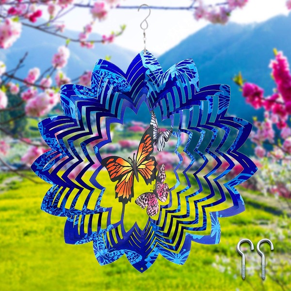 Wind Spinners for Garden Metal Large Hanging Outdoor Wind Chimes with Wall Nails Stainless Steel Butterfly Wind Sculptures (11.8x11.8inch)