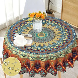 Mantel redondo bohemio de 70 pulgadas, mantel circular bohemio, resistente a las manchas, repelente al agua y sin arrugas, mantel colorido para decoración del hogar, cocina, comedor, fiesta, patio