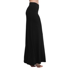 Urban CoCo Women's Stylish Spandex Comfy Fold-Over Flare Long Maxi Skirt (S, Black)