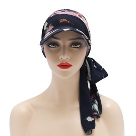 ZLYC Women's Chemo Headwear Brim Visor Hat Beanie Hat, Bound Floral Navy, Unit size