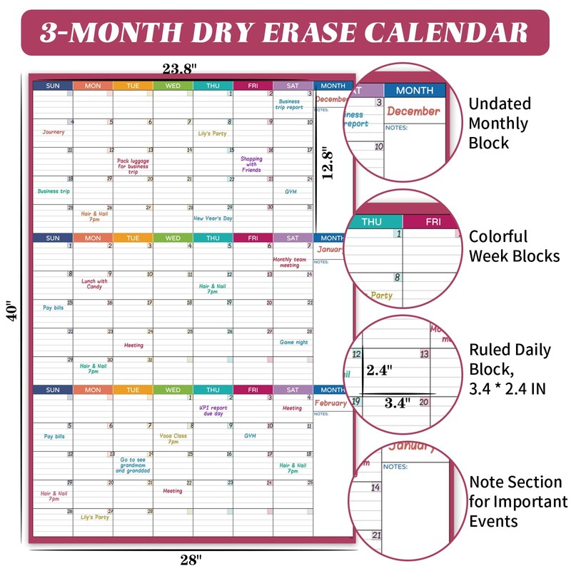 Large Dry Erase Calendar For Wall - Undated 3 Month