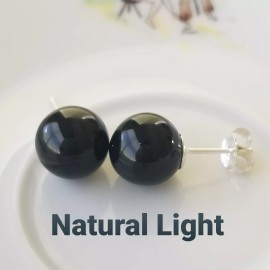 H&F Solid 925 Sterling Sliver Natural Black Onyx 8mm Round Ball Stud Earrings