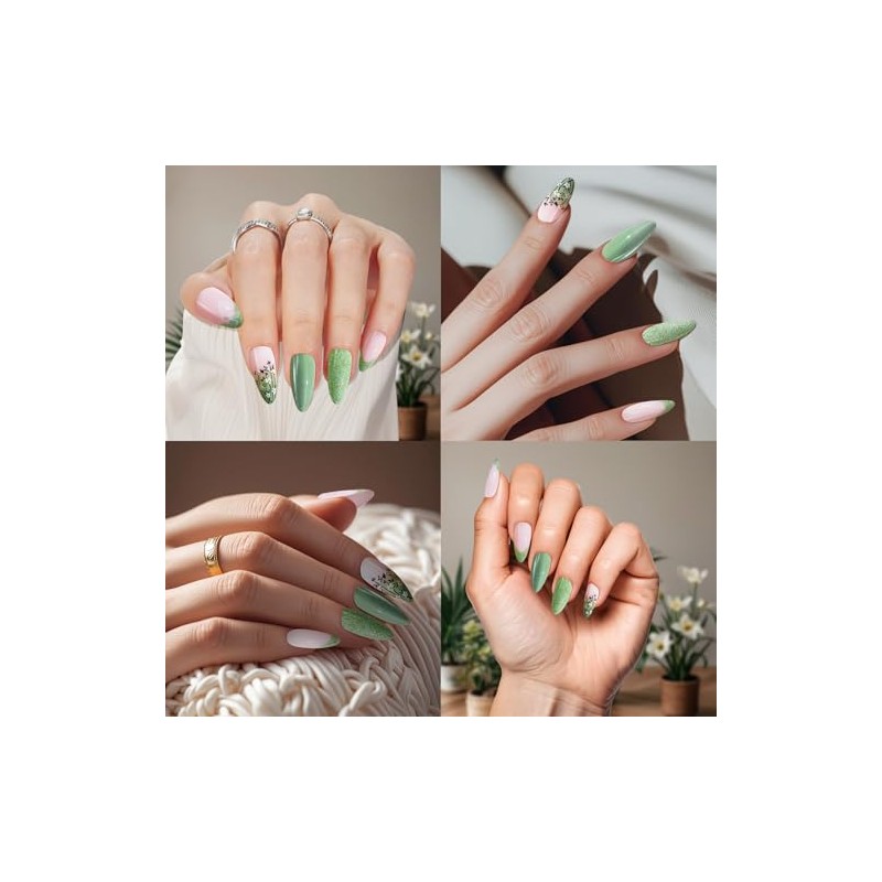 Uñas francesas con punta verde almendra, 24 piezas, 12 tamaños,
