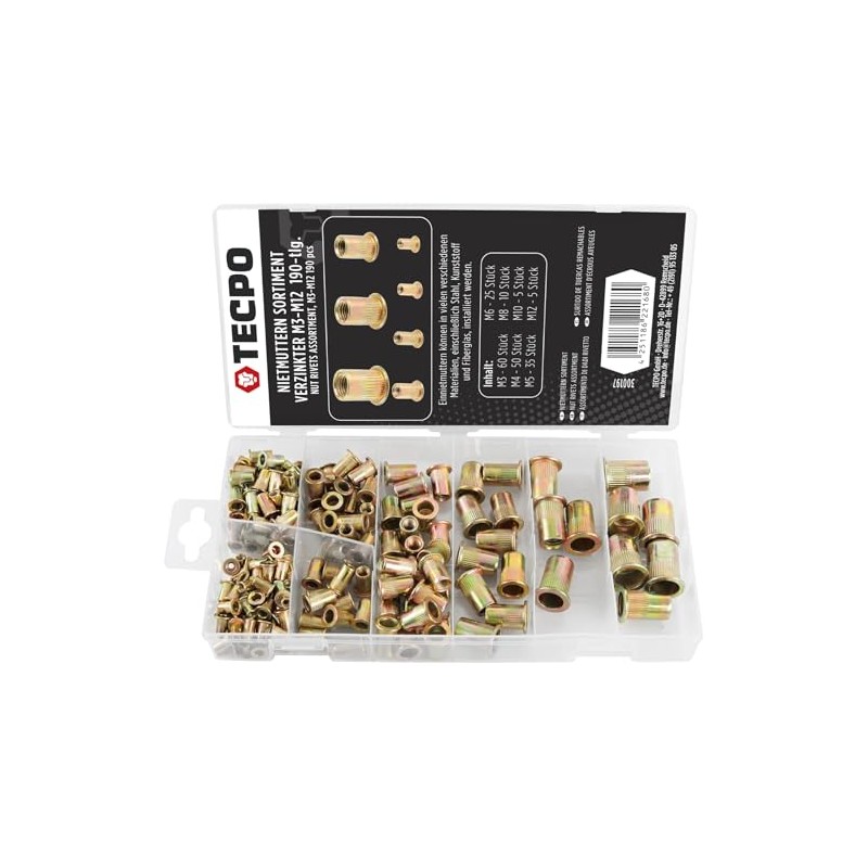 TECPO Rivet Nuts Box Assortment Galvanised M3-M12 Rivet Nut Blind