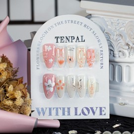 TENPAL Medium Almond Press on Nails Pink Acrylic Nails with Hand Painted Versatile Floral Bow Tie Designs Full Cover Reusable Fake Nails Press Ons 10pcs/box Reusable Glue on Nails for Summer(S)