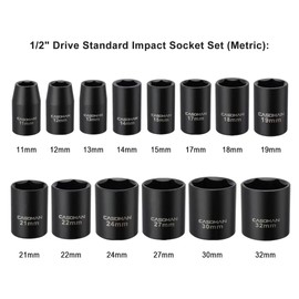 CASOMAN 14 Pieces 1/2-Inch Drive Shallow Impact Socket Set, Metric, 6-Point, 11mm to 32mm