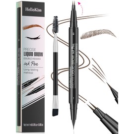 Curved Eyebrow Pen, 3D Waterproof Eyebrow Pencil Contouring Pen, Brow Pencil 2-in-1 Dual-Ended with Micro-Fork-Tip and Precise Brush-Tip Create Natural Hair-Like Brows, Last All-Day, Brown