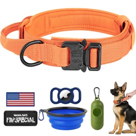 HYDEME Tactical Dog Collar Adjustable Nylon Collar with Control Handle and Heavy Metal Buckle for Medium and Large Dogs, with Patches&Airtags Case&Poop Bag Dispenser&Portable Bowl.(M, Orange)