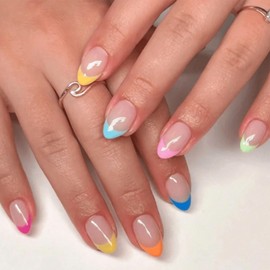 Dopamine French Tip Short Press on Nails Almond Fake Nails Acrylic Glossy Glue on Nails Full Cover False Nails Press ons Cute Simple Stick on Nails for Women Girls 30 Pcs