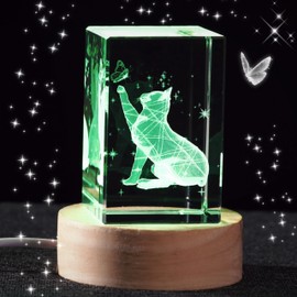 YummyCarrot Frame 3D Cat Figurine Nightlight Frame - Crystal Glass Cube Frame, Christmas Gifts for Kids Women Kitten Collectible. LED Base for Sweet Dreams(S)