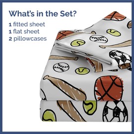 Kids Full Size Sports Bed Sheets - 4 Piece Sports Sheet Set - Soccer, Basketball, Football, Tennis & Baseball - Soft & Cozy - Breathable & Machine Washable - Bed Set for Boys, Girls, Teens & Toddlers