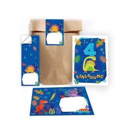 Junapack 12 Invitation Cards for 4th Children's Birthday Fourth Birthday Boys Dinosaur Dinosaur Includes 12 Envelopes, 12 Bags / Natural, 12 Stickers