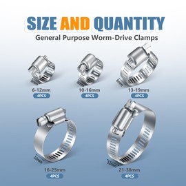 WEDEHE 20 Pcs Hose Clips Set, Adjustable Small Hose Clamp 304 Stainless Steel, 6-38mm Range Assorted Pipe Clips, 6-12/10-16/13-19/16-25/21-38mm, Tube Clamp for Pool, Pond and Garden