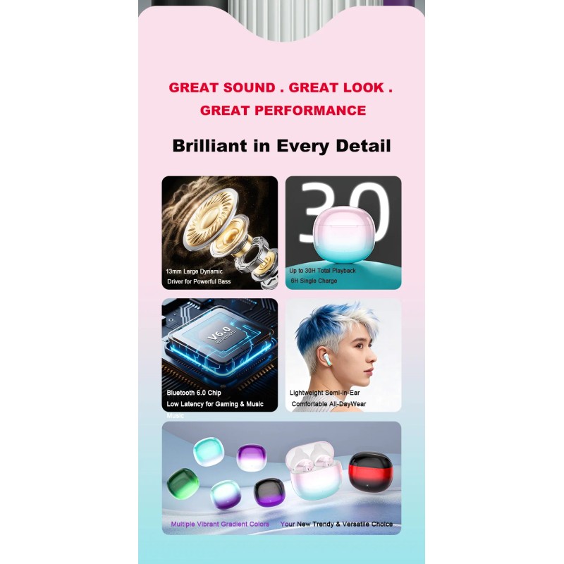 New Gradient 5.4 Earbuds IPX4 Waterproof Noise-Cancelling LED In-Ear Touch