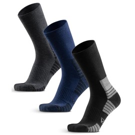 WEIERYA Mens Hiking Socks 3 Pairs Merino Wool, Cushion Hike Trek Micro Crew Socks With Moisture Wicking for Outdoor Sports, Black Grey Blue M
