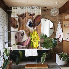 Juego de cortinas de ducha con diseño de girasol de vaca en acuarela, color café, decoración moderna de baño, linda y divertida de vaca en las tierras altas, cortina de ducha de tela impermeable con ganchos, 72 x 72 pulgadas