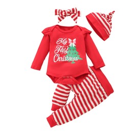 4Pcs Newborn Baby Girl First Christmas Outfits Baby 1st Xmas Clothes Cute Romper Ruffle Pants for Infant Girl Clothing Set 3-6 Months