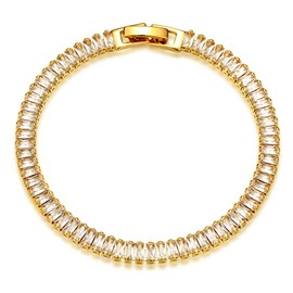 MEVECCO Bracelet for Women Gold Tennis Chain Baguette Zirconia Cut Faux Diamond 14K Gold Plated Dainty Simple Jewelry Cute for Girls