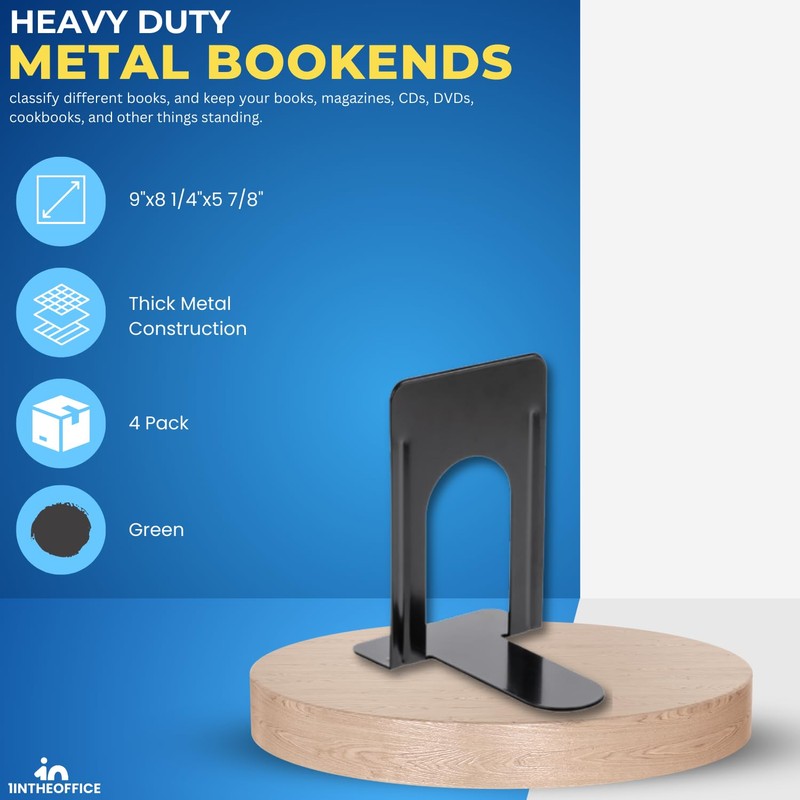 1InTheOffice Metal Bookends, Heavy Duty Metal Bookends, Metal Bookends for