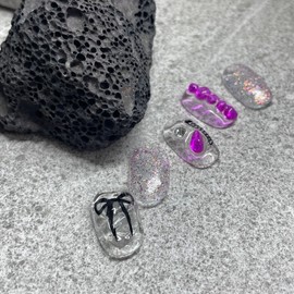 ˡᴬᴺᵀᶤˡ [Swa Stone] Magenta Ribbon Handmade Nail Tip - Short Oval XS / ˡᴬᴺᵀᶤˡ [스와 스톤] 마젠타 리본 수제네일 팁 - 숏오발XS
