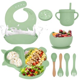 FINYQBET Platos Para Bebés De Silicona Con Tazón Cuchara Tenedor Babe,Set de 8 Piezas para Bebés,Plato para Bebe con Ventosas, Ajustable,VERDE