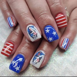 Square Press on Nails 4th of July Fake Nails Medium Length False Nails with Skull Stars USA Patriotic Designs Glossy Cool Independence Day Glue on Nails Full Cover Acrylic Nails for Women Girls