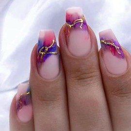 Coffin Press on Nails Medium Length Fake Nails Pink Purple Marble Acrylic Nails with Gold Foil Lines Designs Matte Nude Glue on Nails Spring Summer Stick on Nails for Woman Girls Manicure