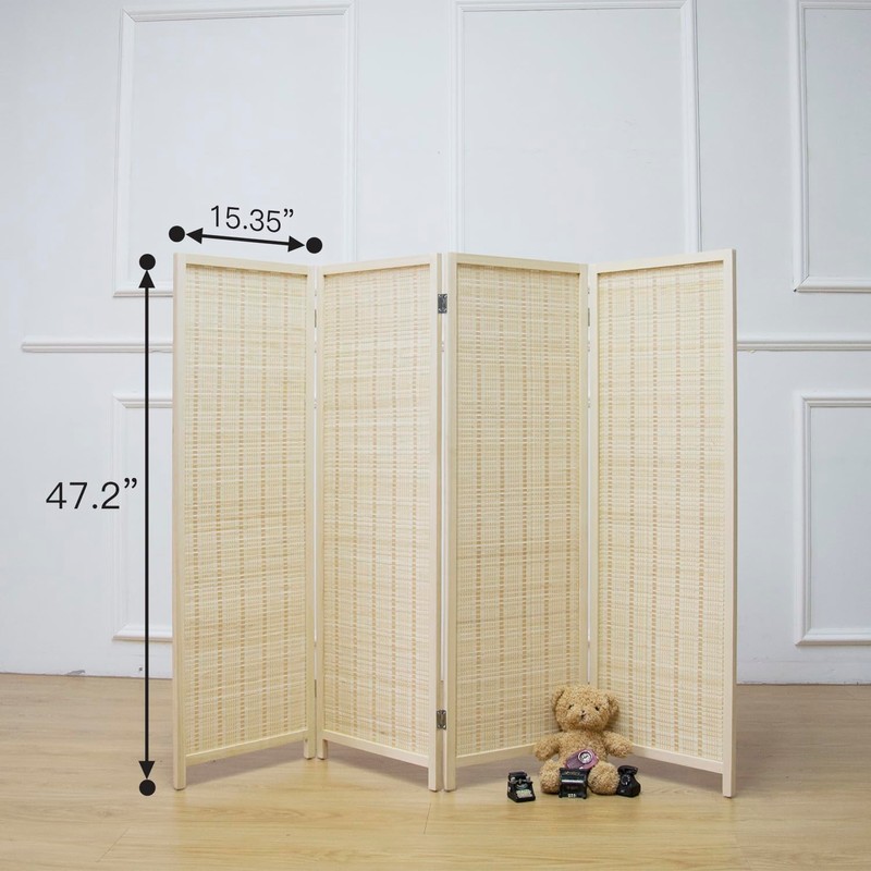 Furnnylane 4 Panel Short Room Divider Screen,Beige Freestanding Partition,Small Bamboo