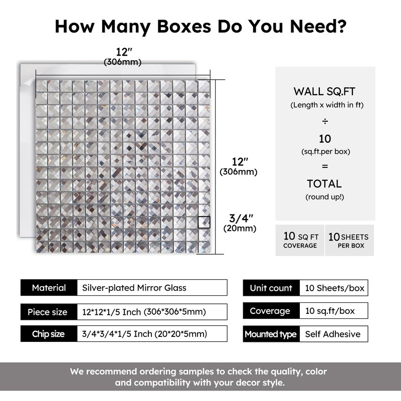 Diflart 10-Sheets Peel and Stick Mirror Glass Mosaic Tile, 3/4