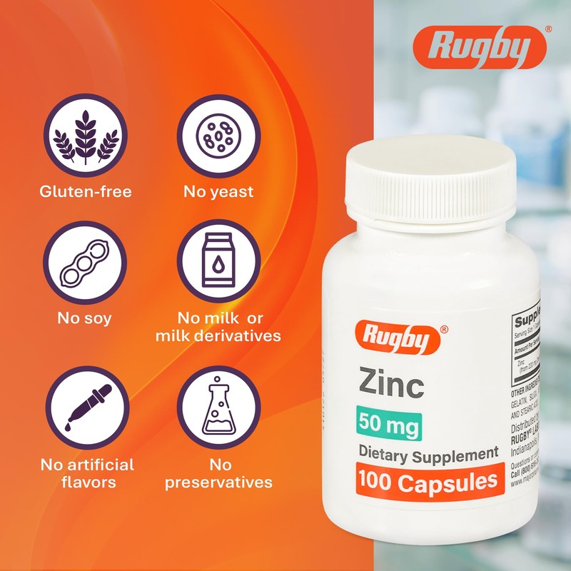 Rugby Zinc 50mg - Gluten-Free Daily Dietary Supplement for Immune