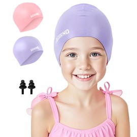 Aegend 2 Pack Kids Swim Cap for Girls Boys Age 8-15, Waterproof Swim Cap Kids Durable Silicone Kids Swimming Cap for Long Hair, Light Pink & Light Purple