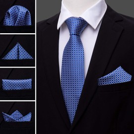 Barry.Wang - Juego de corbata de seda a cuadros para hombre, diseño de corbatas formales, con bolsillo y gemelos cuadrados, Azul Check-zz, Talla única