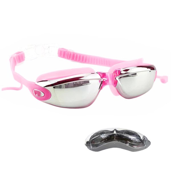 [Frenflu] Swimming Goggles, Anti-Fog on the Mirror Surface, Integrated Ear Plugs, Underwater, Anti-Fog, Waterproof, Wide View, 3D Ergonomic Design, Adjustable Belt, UV Protection, Adults and Ages 10 Years Old, Unisex (Pink)