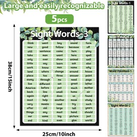 CHUNNIN 5 Pcs Eucalyptus Sight Words And Word Families Posters for Classroom Wall Decor Greenery Educational Chart Posters for Classroom Students Teachers School Chart Wall Supplies