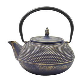 Frieling Ja By Arare Blue and Gold Cast Iron Teapot with Stainless Steel Infuser - Japanese Tea Kettle for Stovetop - 40 oz Teapot