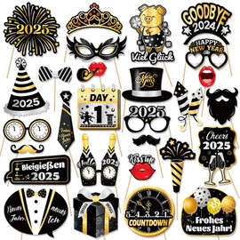 HOWAF New Year's Eve Decoration 2025, German New Year's Eve Photo Props XXL Happy New Year Decoration New Year's Eve Party Inflatable Photo Frame Black Gold Photo Box Accessories New Year's Eve Party