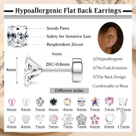 Finrezio 18 Pairs Hypoallergenic Surgical Steel Flat Back Earrings for Women Girls Silver Stud Earrings for Women Pink Heart Star Helix Earring Sleeper Tragus Cartilage Earrings Set