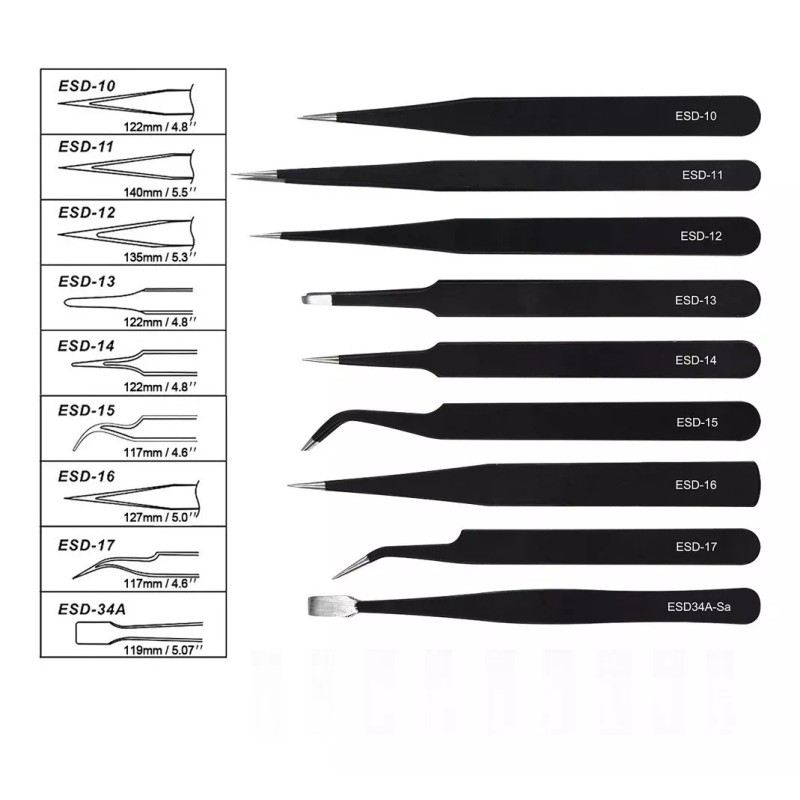 POLLITO DIABLO Kit Pinzas Antiestáticas De Precisión Acero Inoxidable 10pcs