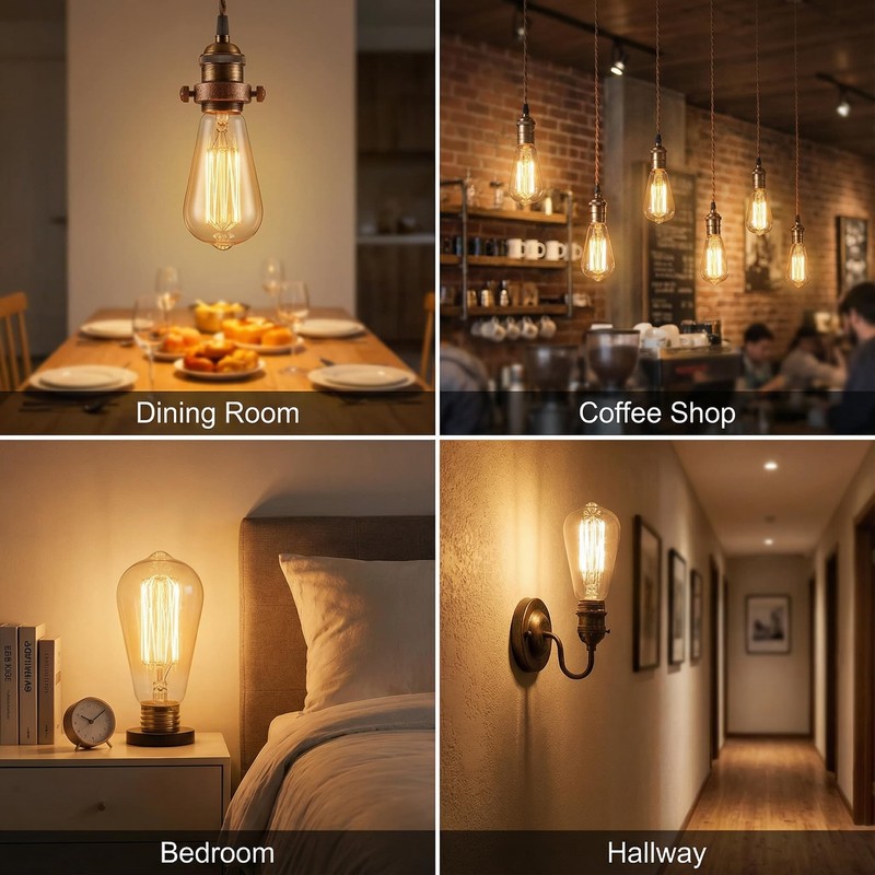 Kellarosses ST64 Incandescent Edison Bulbs 60W 6-Pack, 2200K Warm Amber