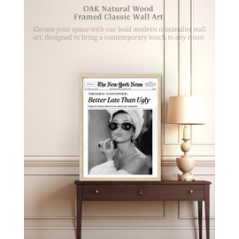 iHery Natural OAK Wood Audrey Hepburn Newspaper Trendy Framed Wall Art, 12x16 in Vintage Headline Canvas Bedroom Wall Decor, Better Late Than Ugly,Set of 1 Bathroom Print Apartment Girly Dorm Room