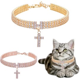 Catholic Pet Necklace Letter Cross Zircon Three Drain Diamonds Cat and Dog Girl Jewelry Catholic Necklace for Pets Rose Gold Dog Chain Collar (Silver, M)