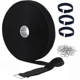 16Ft x 1In Adjustable Cable Straps with 25 Metal Buckles, Black Reusable Fastening Cable Ties, Wire Management, Free Cut Length, Hook and Loop Securing Strap for Cable Tidy (16Ft x 1In)