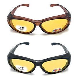2 Pair Polarized Night Driving Fit Over Lens Cover Sunglasses - Black/Brown Frame