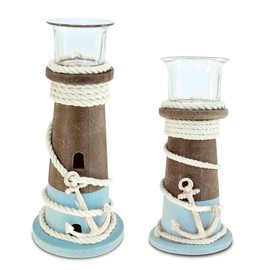 CoTa Global Evian Wooden Nautical Candle Holders - Table Top Centerpiece Coastal Decor for Home, Beach House, Rustic Decorative Lanterns with Boat Anchor Figure - Handmade Color May Vary - 2 Pieces