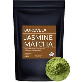 Organic Jasmine Matcha Green Tea Powder infused with Jasmine flower aroma - Culinary Grade USDA Certified - Green Superfood - Borovela 100g 3.5oz (Jasmine 100g)